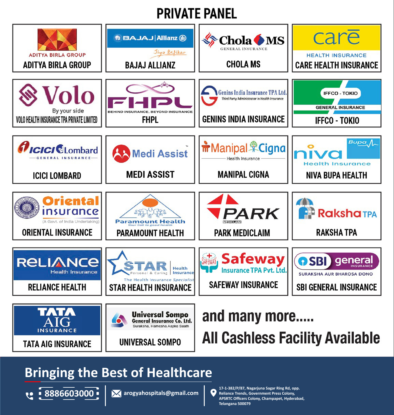 Private panel of empanelled insurance providers at Arogya Hospitals
